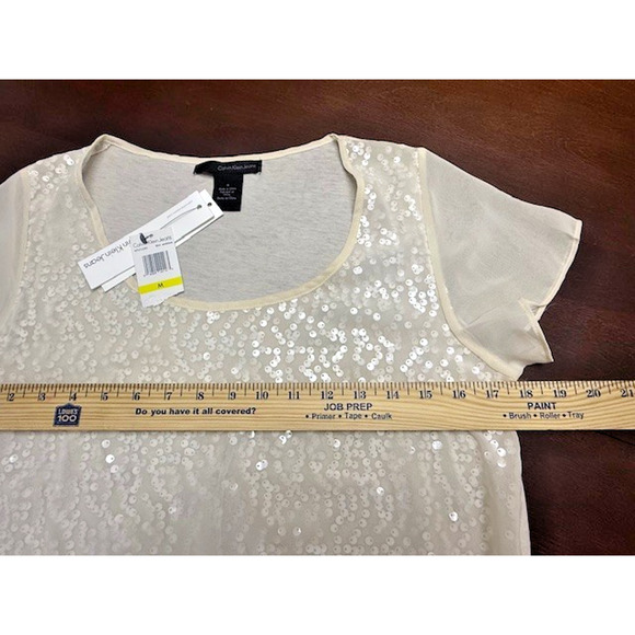 Calvin Klein Women Layered Silver Sequin Ivory Off White T-shirt Sz Medium NEW!! - Picture 5 of 12